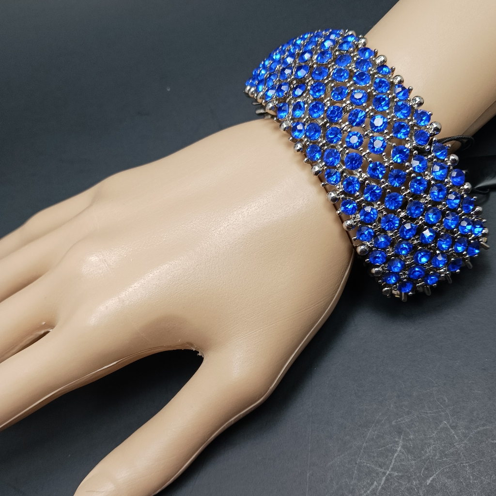 Rsvp Midweight Silver Metal Bright Blue Jeweled Sections Elasticized Cuff Nwt 18$